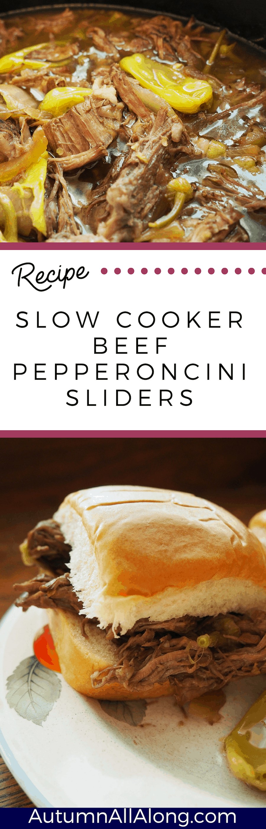 slow cooker beef pepperoncini sliders: I put this on before I went to bed and my house smelled wonderful when I woke up!! I shredded the meat to put them on sliders. This was a childhood favorite and a big hit with my family! | via Autumn All Along