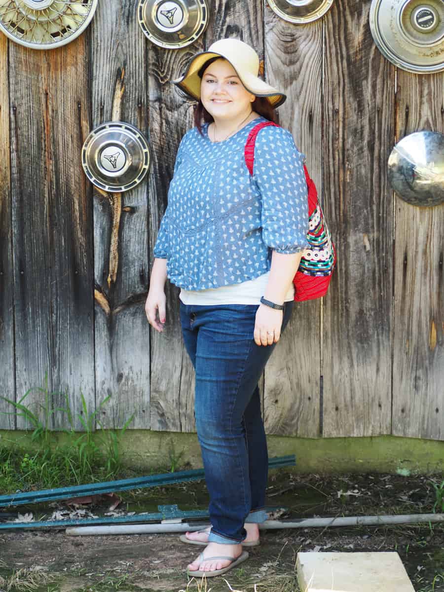My comfy summer casual outfit for the summer! I love swing shirts, a bright purse, sandals, a sun hat, and flip flops. It keeps my cool in the Georgia heat! #howweworeit | via Autumn All Along