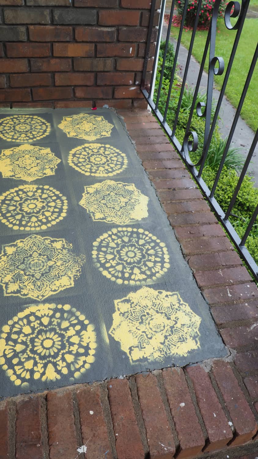 Here is my stencil on the porch Pinterest Fail in living color! It was repainted as soon as everything dried. | via Autumn All Along