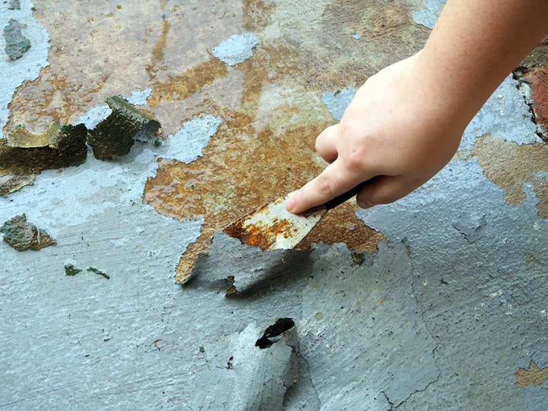 I am using a metal putty knife to strip paint off of our concrete with a water hose sprayer. I can already tell it is going to look a lot better! | via Autumn All Along