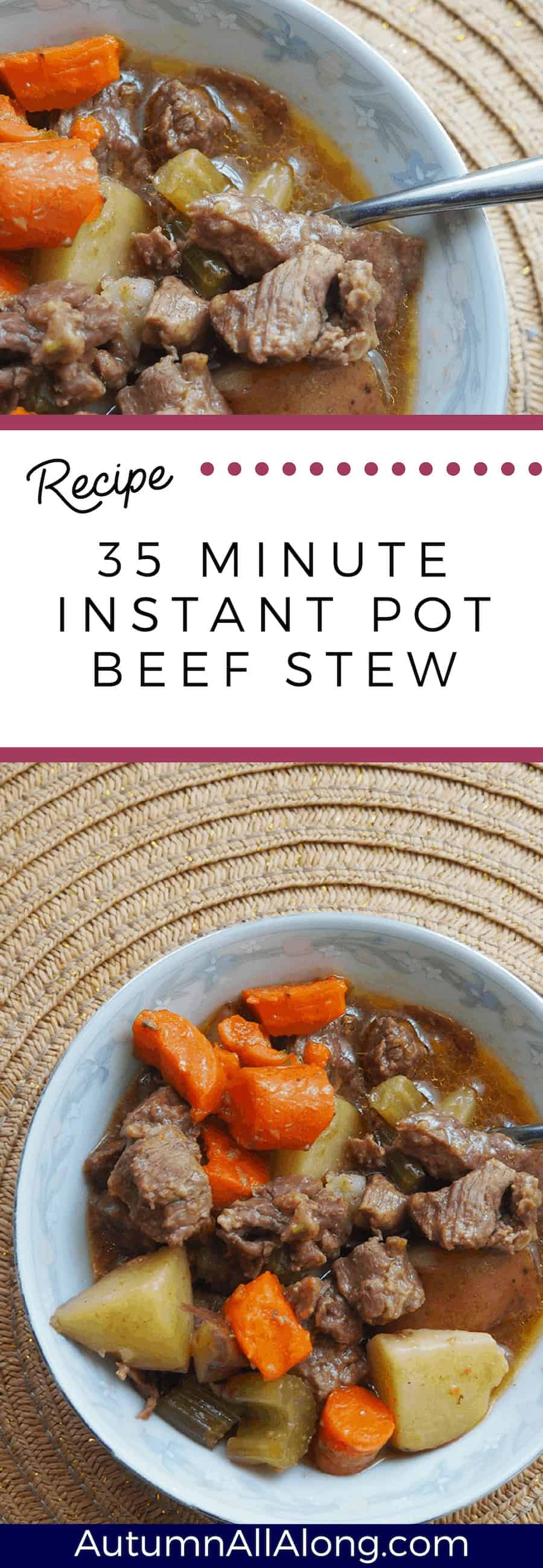 This 35 minute instant pot beef stew is delicious, easy, and a great replacement for your 4-6 hour slow cooker recipe! | via Autumn All Along