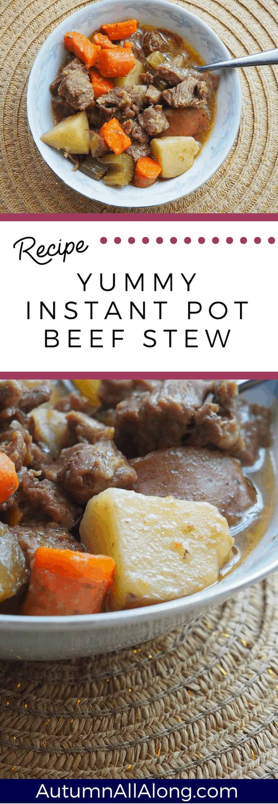 This delicious instant pot beef stew recipe is fast, delicious, and takes under 45 minutes from start to finish! | via Autumn All Along