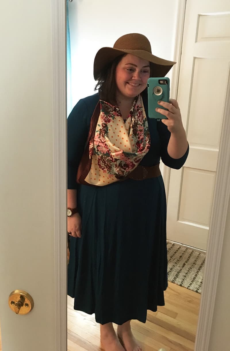 scarf from Amazon + dress from Amazon + hat from Walmart | via Autumn All Along