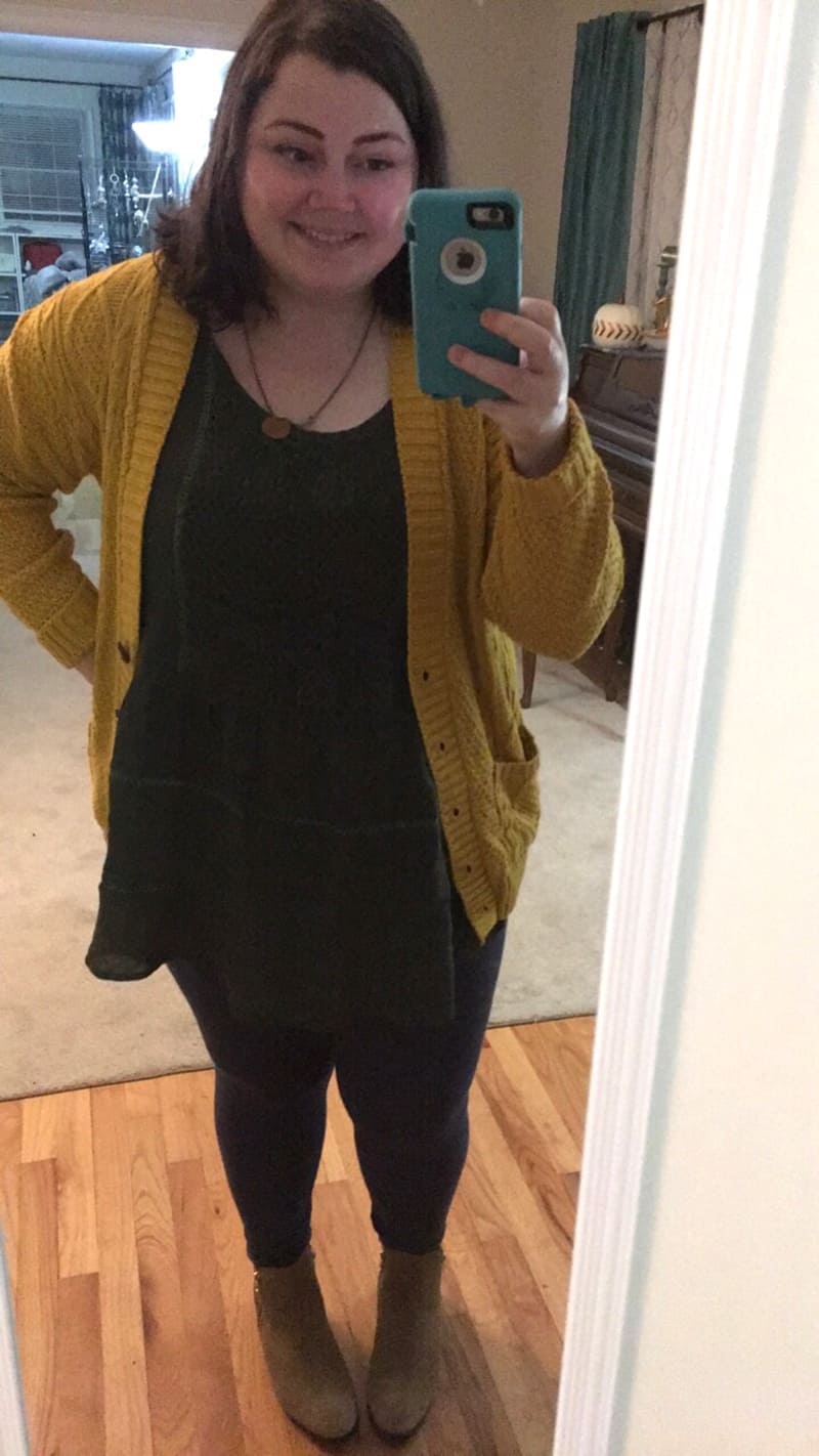 Suzanne Betro shirt + cardigan sweater from Amazon + jeggings from Walmart | via Autumn All Along