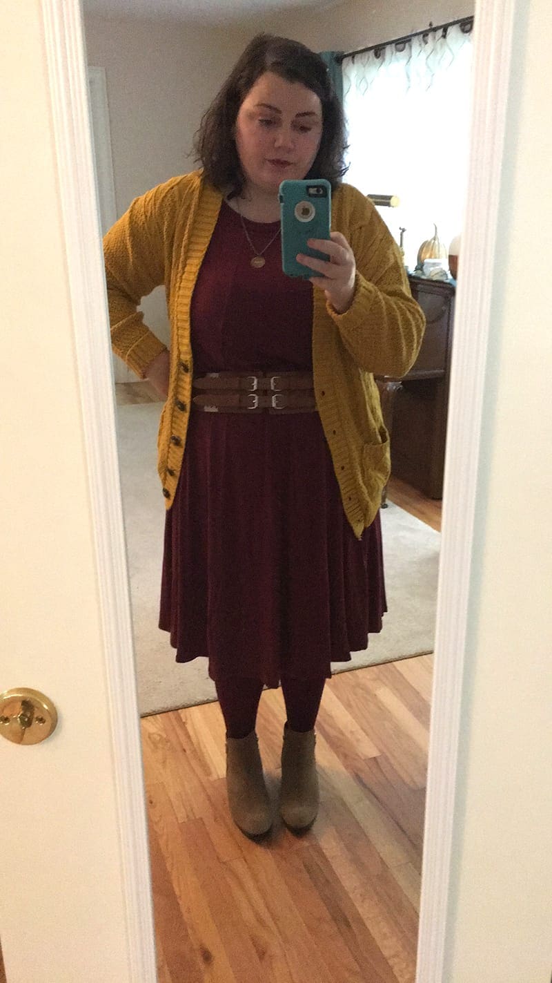cardigan sweater from Amazon + dress from Amazon + belt + tights + Cougar boots | via Autumn All Along