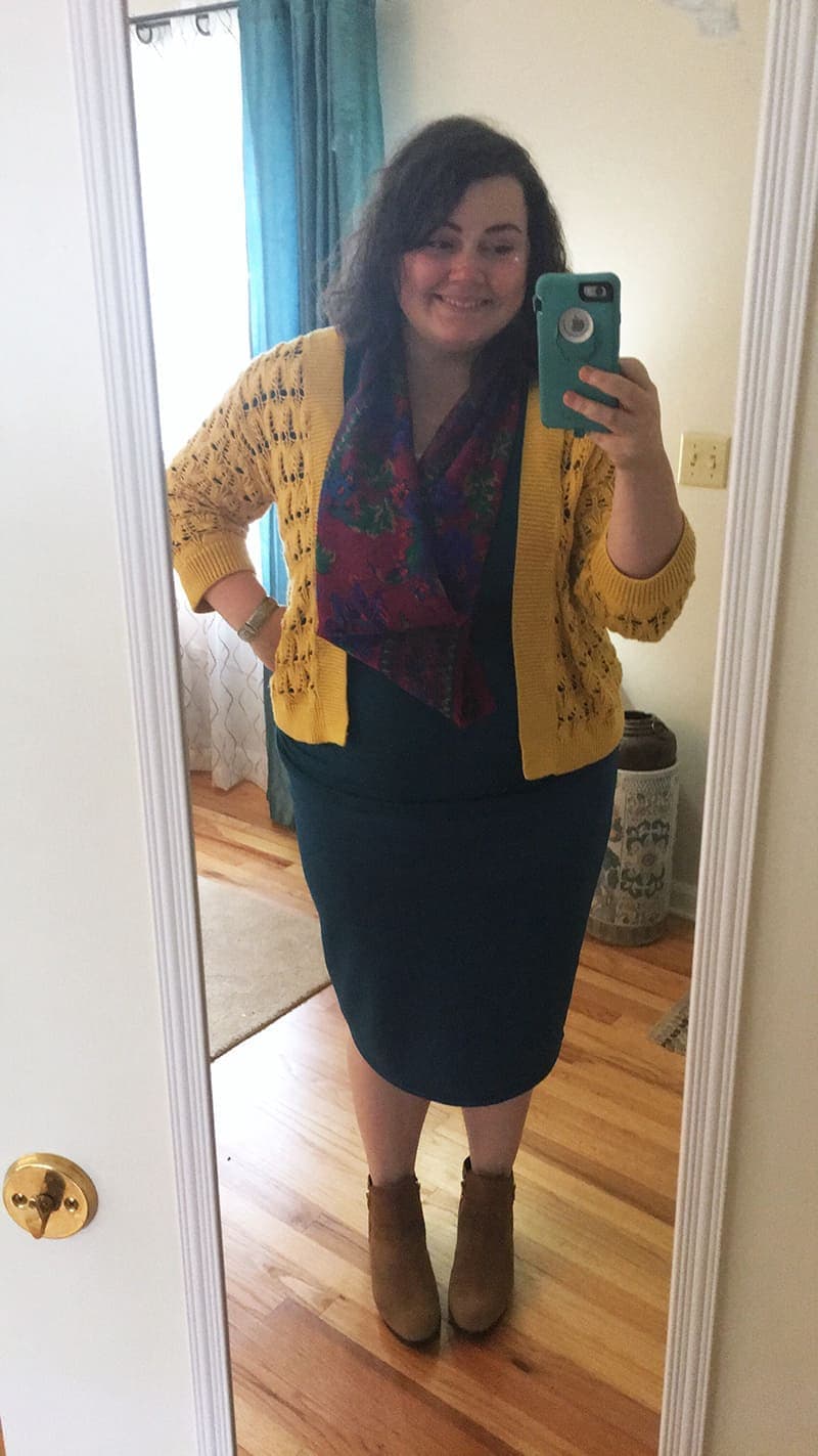 thrifted and dyed sweater + vintage scarf + top and bottom from Amazon | via Autumn All Along