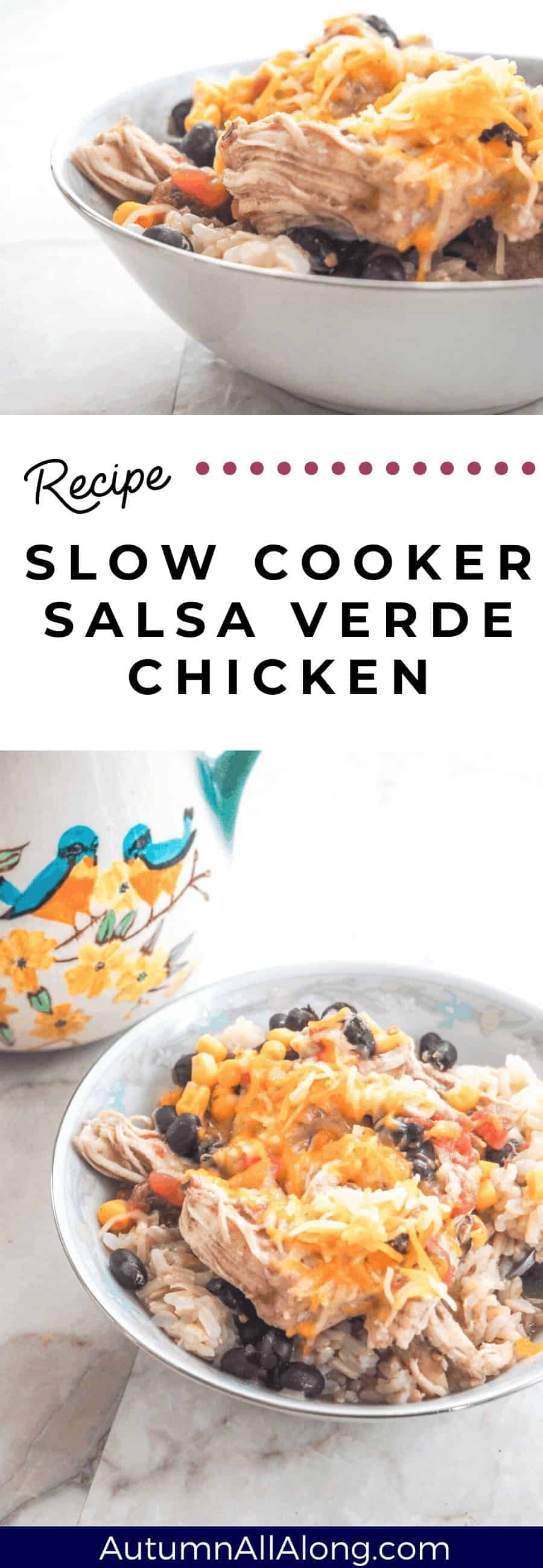 salsa verde chicken recipe freezes up to six months and pairs great as a salad topping or a taco ingredient! | via Autumn All Along