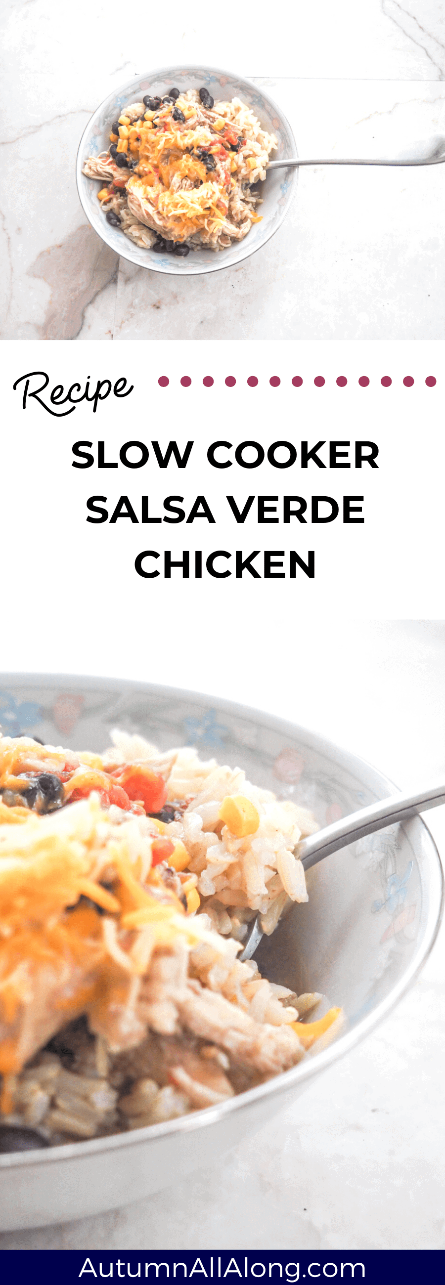 salsa verde chicken recipe freezes up to six months and pairs great as a salad topping or a taco ingredient! | via Autumn All Along